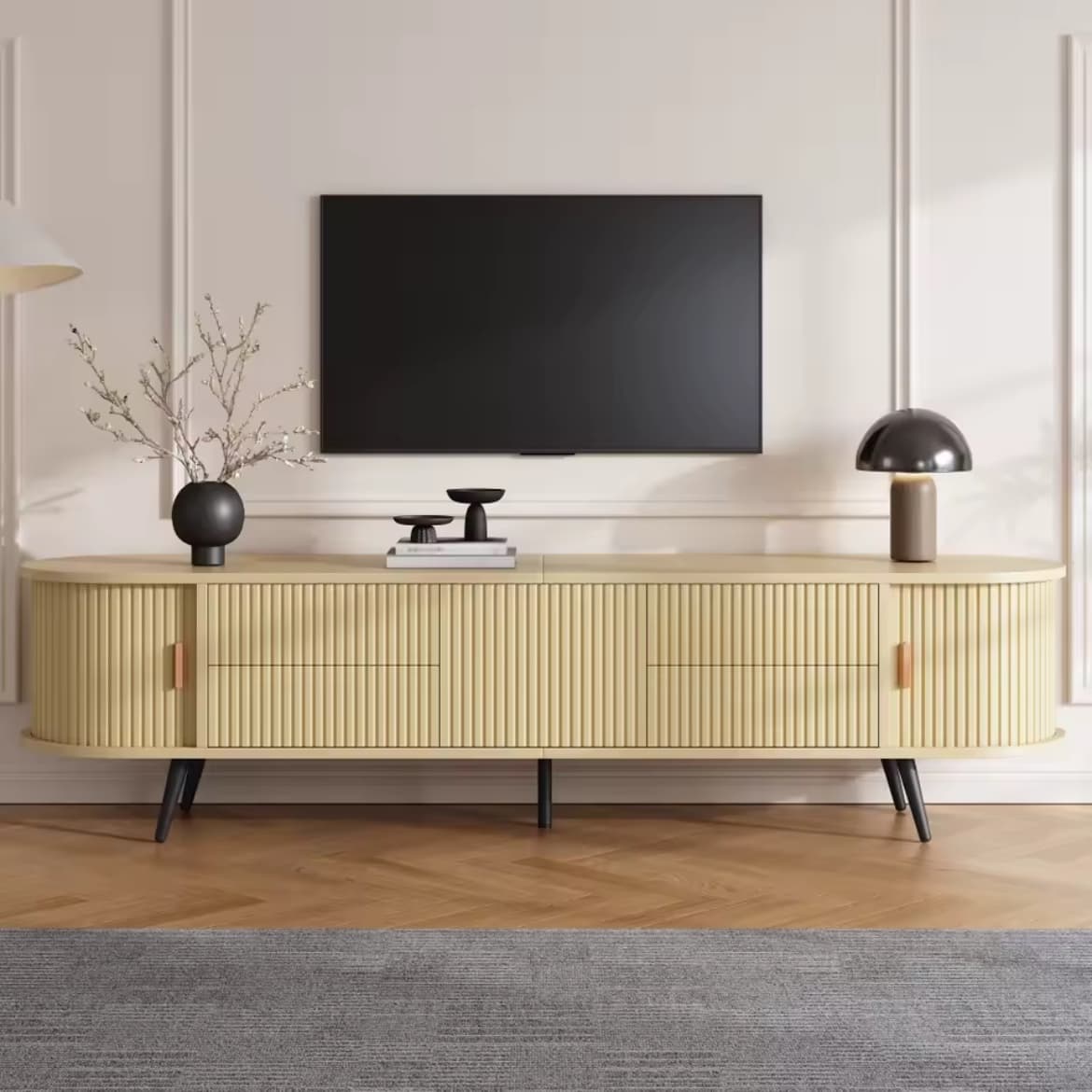 Meuble TV Dune en bois clair cannelé vu de face